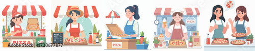 vector woman selling pizza
