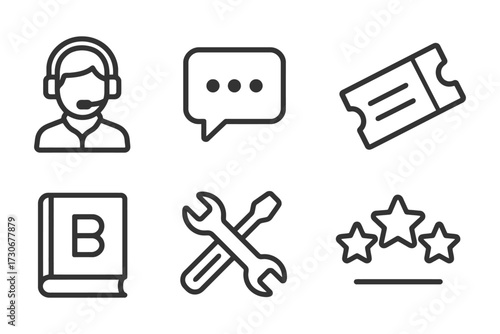 A collection of icons, including a book, a wrench, a microphone, a star, and a ticket. These icons represent various aspects of communication. vector