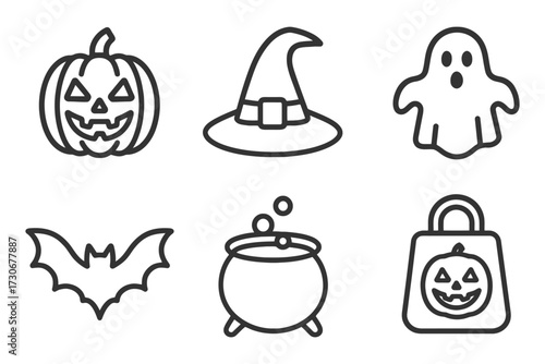 Halloween symbols include a pumpkin, a bat, a witch's hat, a ghost, a pumpkin lantern, and a bag. vector