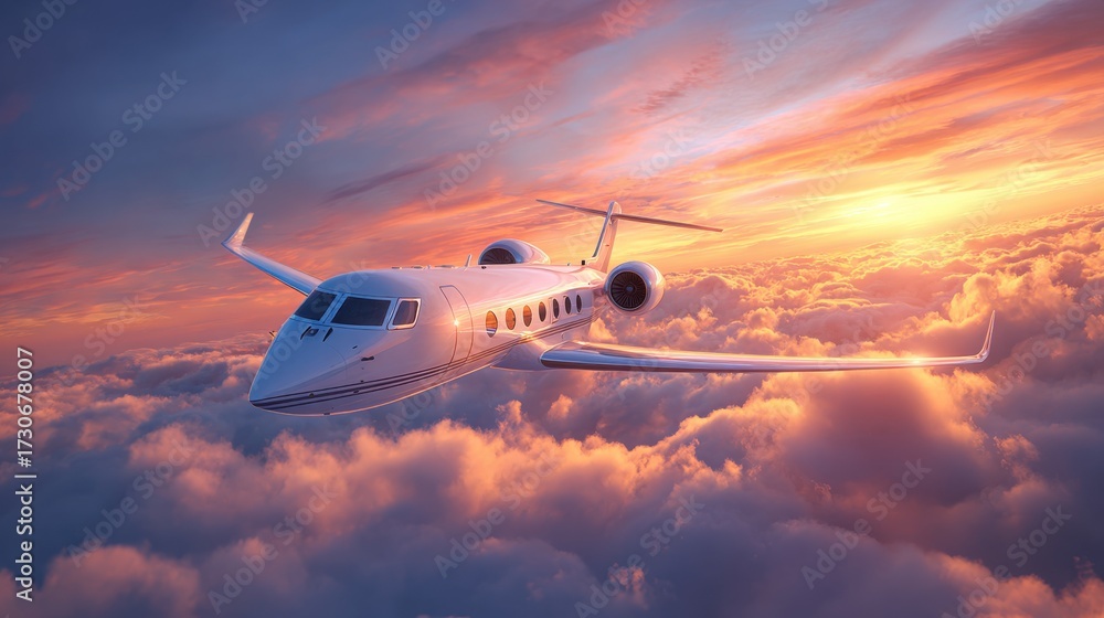 Fototapeta premium A sleek private jet soars through vibrant clouds, illuminated by the warm hues of sunset. The scene captures the tranquility of high-altitude travel in the evening sky