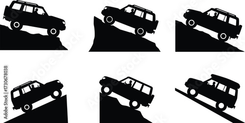 PrintOffroad SUV silhouette set, mountain climbing, steep hill driving, rugged terrain vehicle, adventure car illustration, extreme travel concept, 4x4 icon.