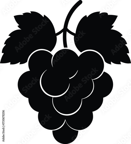 Minimalist Grapes Silhouette, Organic Grape Cluster Vector, Bunch of Grapes with Leaf Silhouette Vector - Winery, Vineyard, and Harvest Symbol.