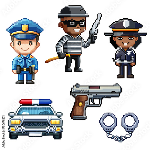 pixel art style set of police and criminal characters with a patrol car gun and handcuffs isolated