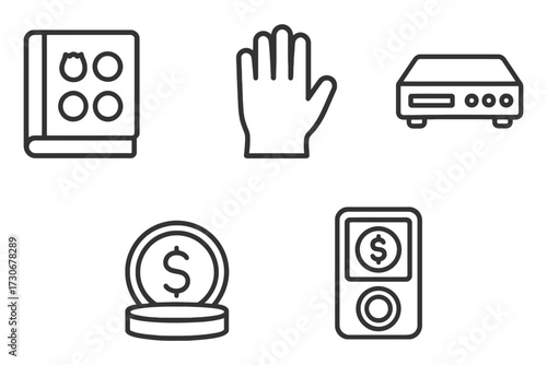 A variety of items commonly found in a living room or entertainment center. These include a book, a dollar coin, a remote control, a hand. Vector.