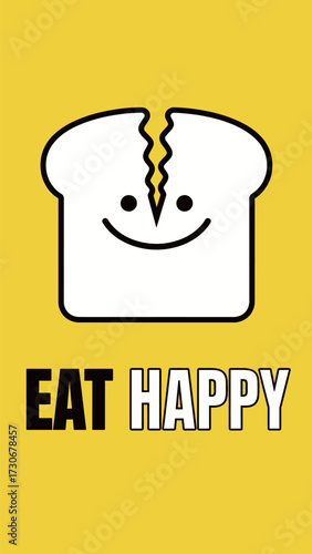 Eat Happy Food and Emotional Well-being Concept Sliced Piece of Bread with Smiling Face on Yellow Background