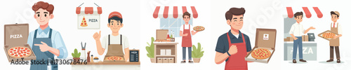 vector of young man selling pizza