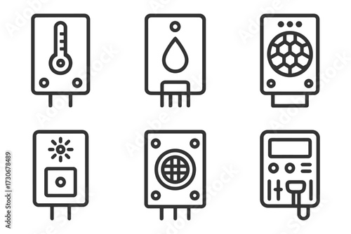 A set of six icons for various home appliances. The icons include a thermostat, a water heater, a water pump, a water heater, a water heater. Vector.