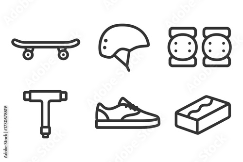 A set of six skateboard and safety gear icons. The icons include a skateboard, a helmet, a knee pad, a elbow pad, a skateboard tool. Vector.