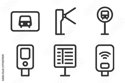 A set of icons for public transportation. The icons include a bus, a bus stop, a bus ticket, a bus stop sign, a bus stop meter. Vector.