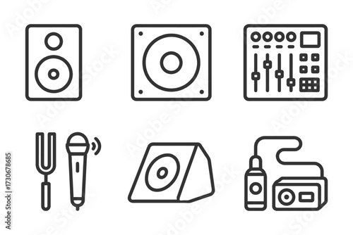 A set of icons for music equipment. The icons include a microphone, a speaker, a mixer, a CD player, and a CD. Vector.