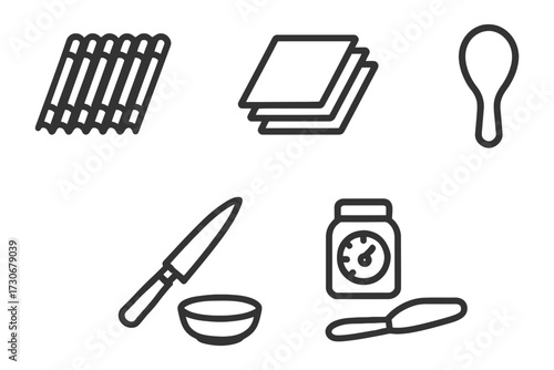 A series of kitchen utensils and tools are shown in a black and white drawing. The drawing conveys the idea of cooking and preparing food. Vector.