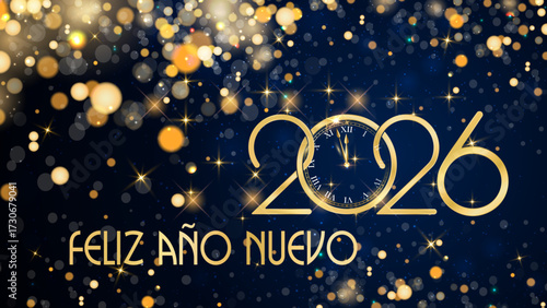 Tarjeta o pancarta para desear un feliz año nuevo 2026 en dorado el 0 es un reloj sobre fondo azul con círculos y purpurina color dorado en efecto bokeh