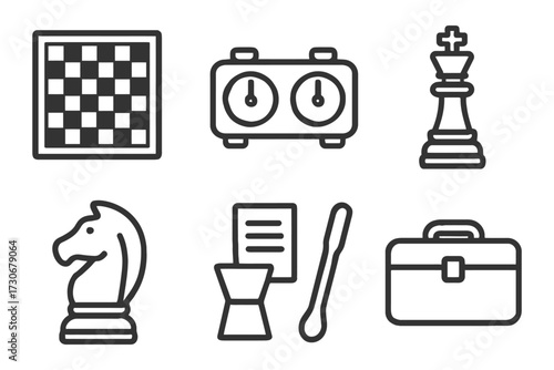 A set of chess pieces and a clock are shown in a black and white image. The chess pieces include a knight, a rook, a bishop, a queen. Vector.