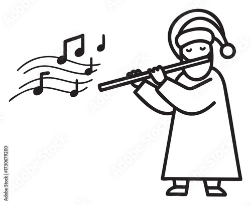 Christmas caroler playing flute in santa hat line art - stock vector