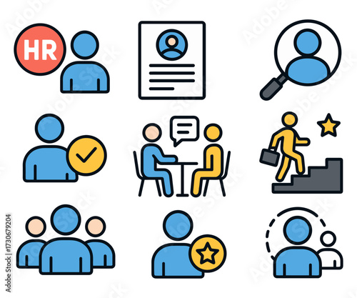 The image is a collection of blue icons that represent different aspects of HR. The icons include a person with a check mark. Vector.