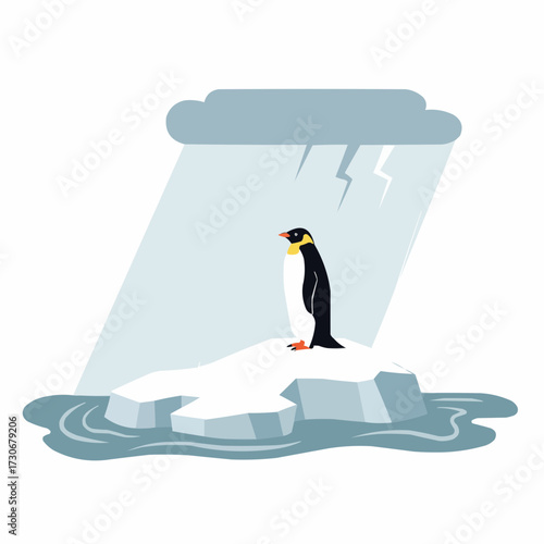 Penguin standing on iceberg under stormy sky with rain  