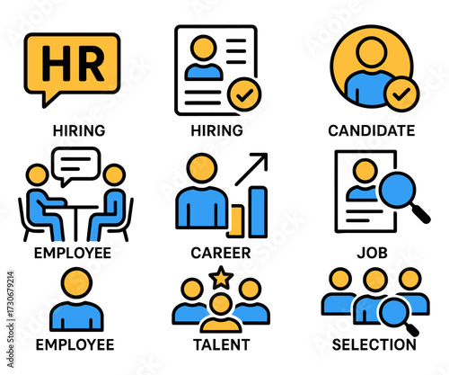 The image is a collection of icons that represent different aspects of the hiring process. The icons include a person talking. Vector.