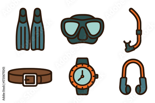 A collection of items related to water sports and diving. The items include a watch, a pair of goggles, a snorkel, a diving mask. Vector.