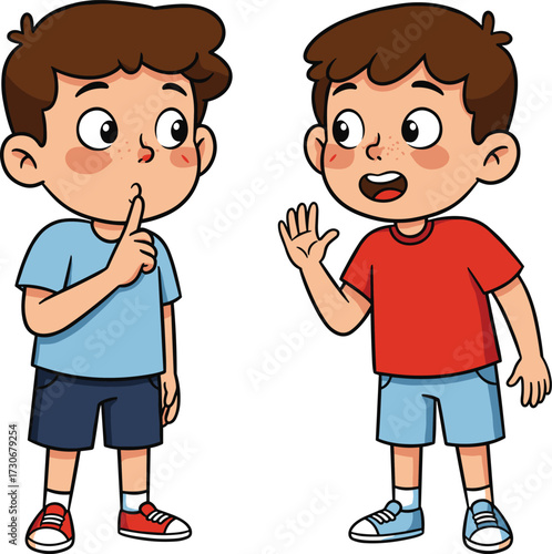 PrintTwo cartoon boys talking, communication illustration, friendship concept, one boy whispering secret, other listening, kids interaction, childhood conversation, vector art.