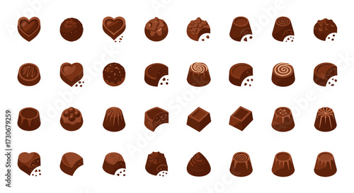 Assorted dark chocolate confections in various shapes and sizes.