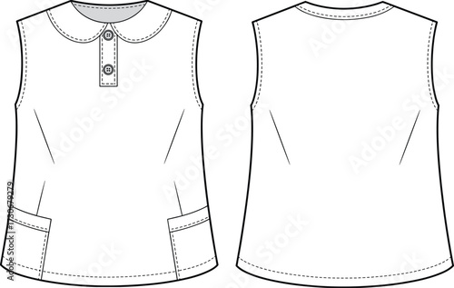 Women’s sleeveless top with round collar, button placket and side pockets CAD drawing flat vector fashion technical garment illustration