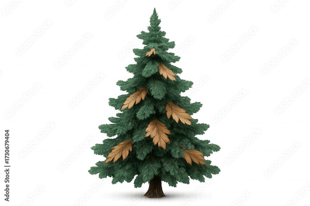 Fototapeta premium Christmas tree with golden leaves, festive evergreen spruce decorating holidays, transparent background