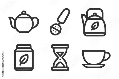 A set of black and white icons for kitchen items, including a tea kettle, a tea pot, a coffee grinder, a tea infuser, a tea bag, a coffee fi. Vector.