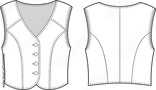 Women’s tailored button vest technical fashion flat, sleeveless structured waistcoat design, vector template, front and back view, CAD drawing flat vector illustration