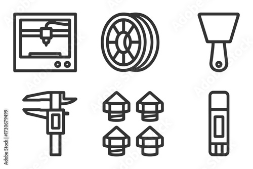 A set of tools and equipment for a workshop. The tools include a caliper, a wheel, a screwdriver, a hammer, a wrench, and a pair of pliers. Vector.