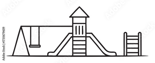 Black and white playground illustration with swings, slide, and tower - stock vector