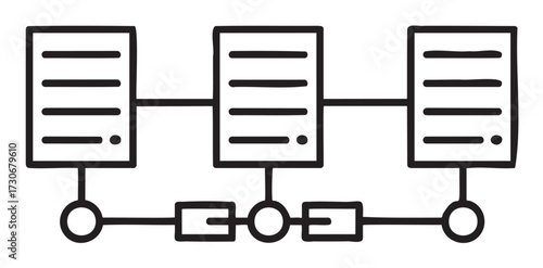 Block diagram of connected data structures with flowchart elements - stock vector