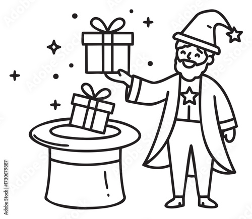 Magician performing gift trick with magic hat and stars - stock vector