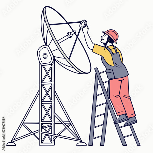Technician in hard hat and overalls on ladder adjusting large satellite dish on tower for communication