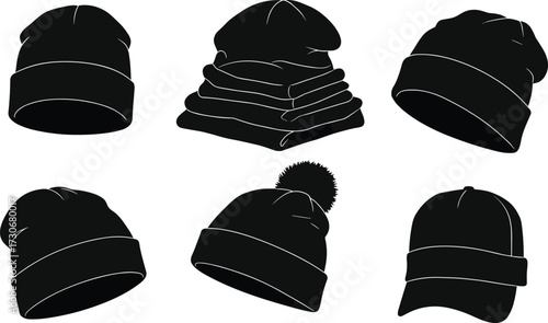PrintWinter beanie hat silhouette, cozy warm cap vector, cold weather headwear, knitted fashion accessory, black graphic design, seasonal clothing, comfort