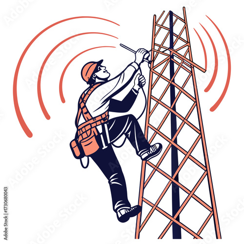 Telecom technician climbing a cell tower to install or repair antennas and broadcast equipment
