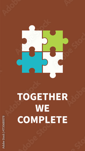 Minimalist Brown Poster Depicting Four Interlocking Jigsaw Puzzle Pieces: A Metaphor for Teamwork, Completeness, Partnership, and Unity in Collaboration.