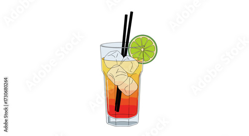 A refreshing tropical cocktail with ice and a lime garnish on a white background.