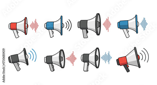 Several graphic illustrations of megaphones emitting sound waves in various colors and designs.