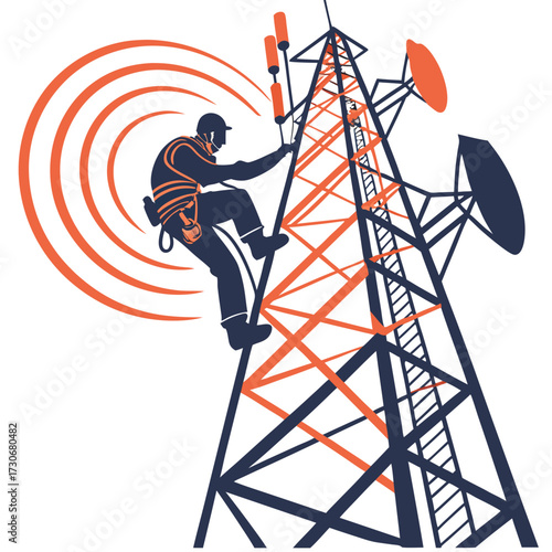 Telecommunication technician climbing cell tower for maintenance with signal waves radiating outward