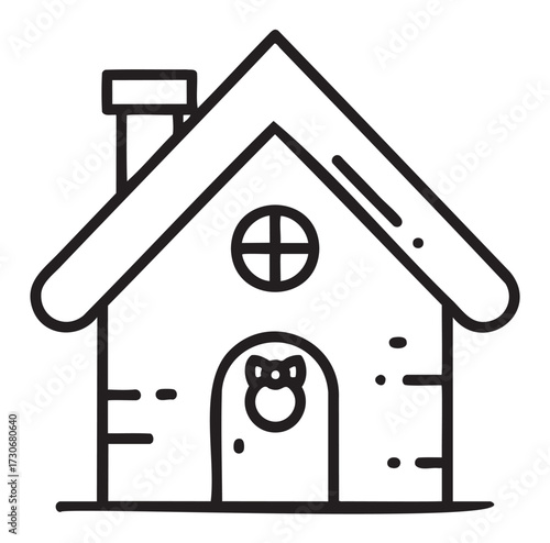 Simple black and white line drawing of a cottage with chimney and circular window - stock vector
