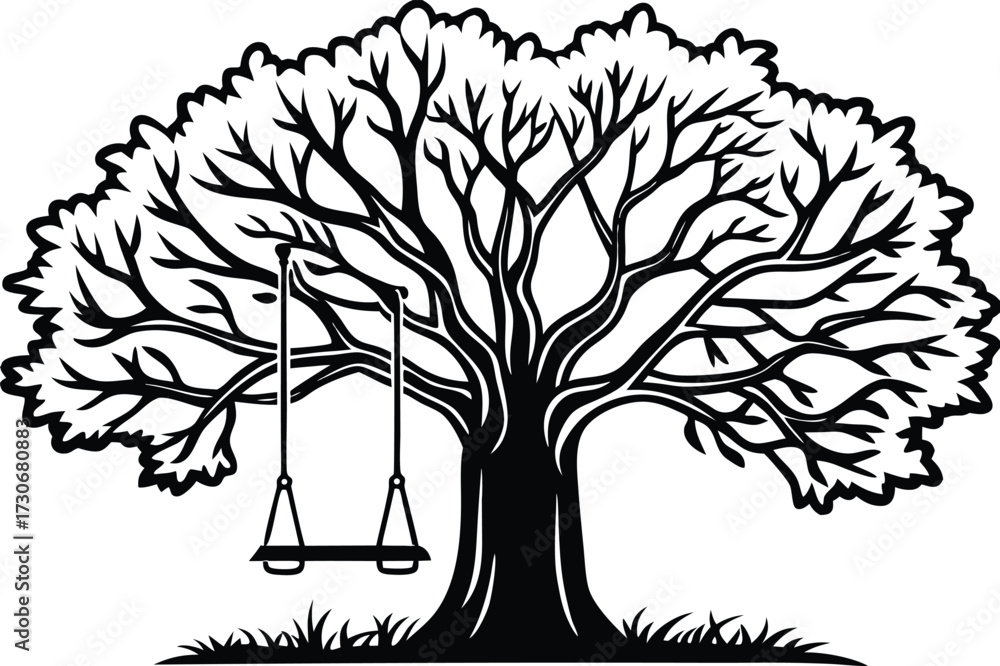 Obraz premium Silhouette of a large tree with a swing hanging from its branches