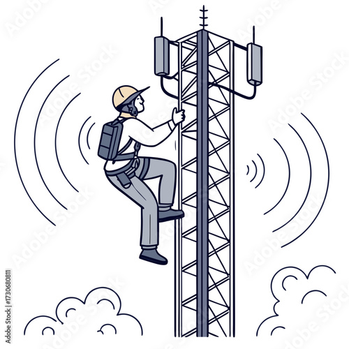 Telecommunication worker climbing a cell tower with safety harness and backpack broadcasting signals