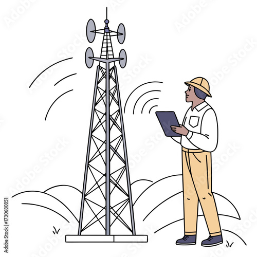 Telecommunications engineer monitoring a cell tower with a tablet computer in a rural landscape
