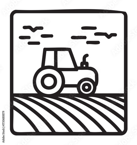 Outline drawing of tractor in farm field with birds in sky - stock vector