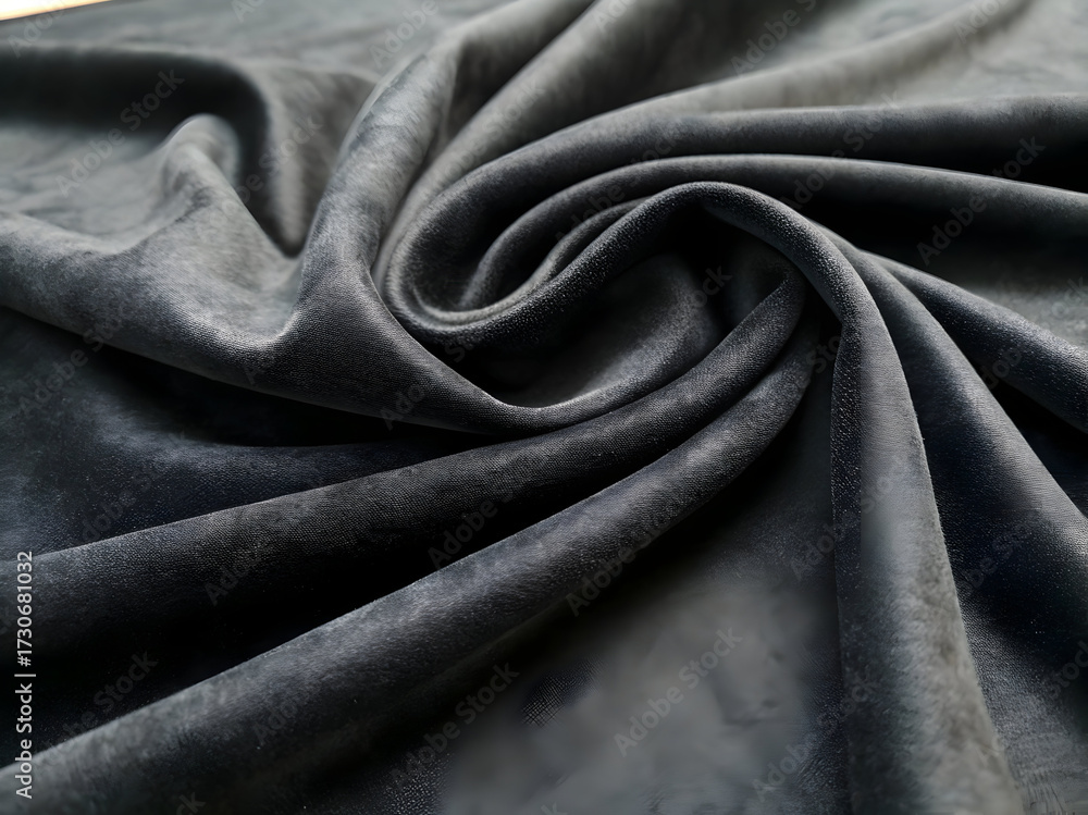 Fototapeta premium Dark gray velvet fabric texture background with soft, luxurious folds and rich swirling drapery.