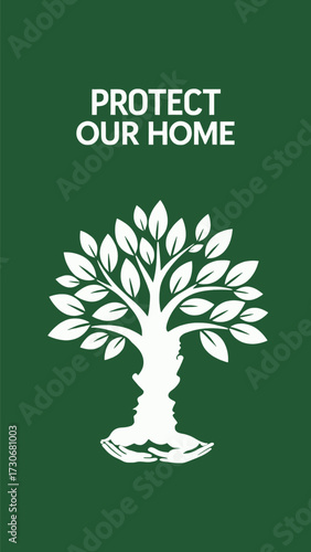 Protect Our Home Abstract Tree Concept with Human Faces in Trunk on Green Background Symbolizing Nature and Human Connection
