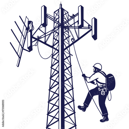 Telecommunications technician rappels down a cell tower for maintenance and repair work on antennas