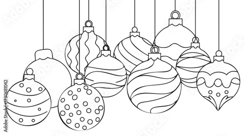 Hanging christmas ornaments: black and white holiday design with patterns - stock vector