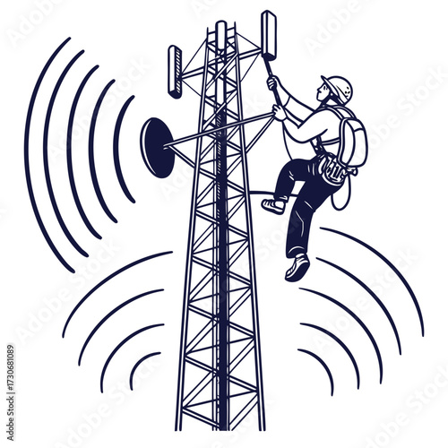 Telecommunications technician working on a cell tower with signal waves emanating from the antenna