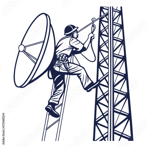 Telecommunications technician wearing safety gear climbs a tall tower with a satellite dish for maintenance